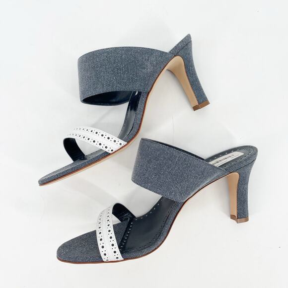 NWB Manolo Blahnik Denala Blue White Denim Leather Dual Band Slide Heels IT 40 - Picture 6 of 14